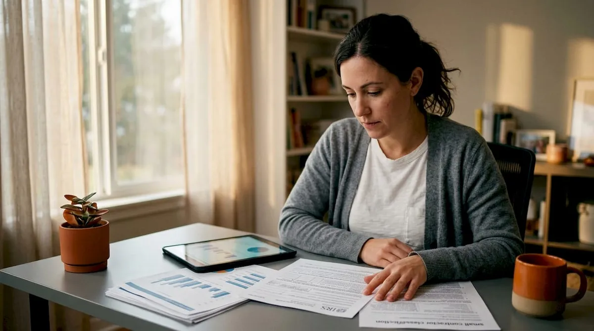 Woman reviewing small contractor IRS documents