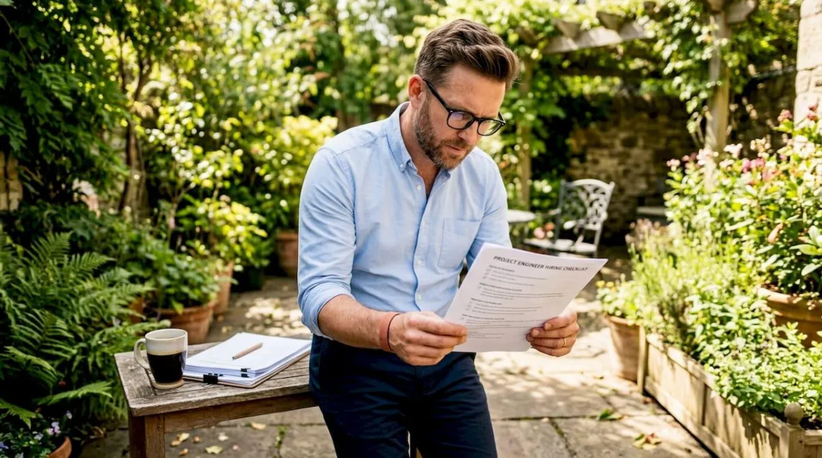 Project manager reviewing hiring checklist documents