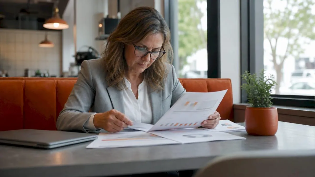 Woman reviewing contractor marketing documents at desk