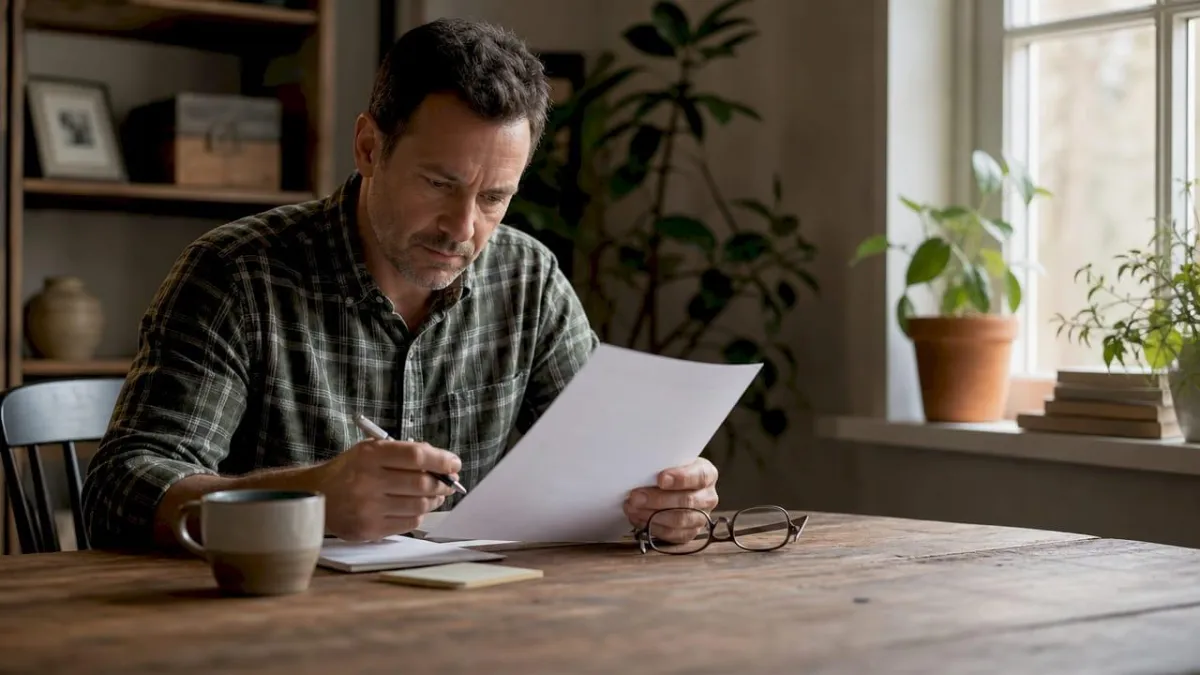 Contractor reviewing business sale documents at desk