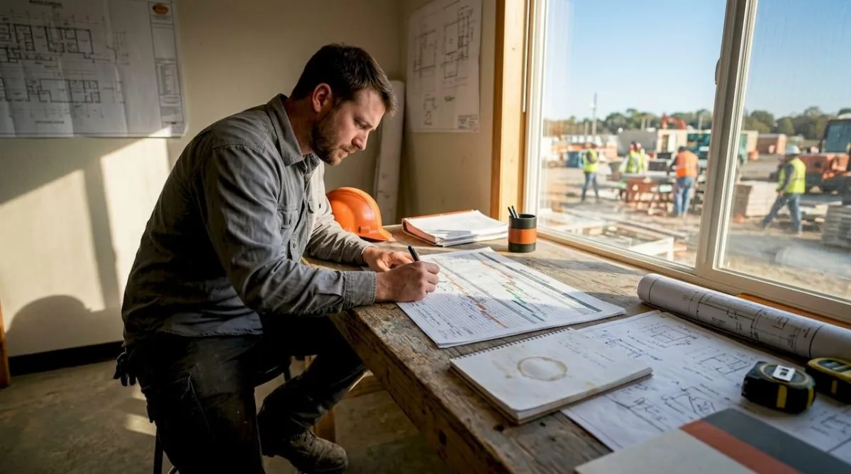 Project engineer reviewing construction schedule at site trailer desk