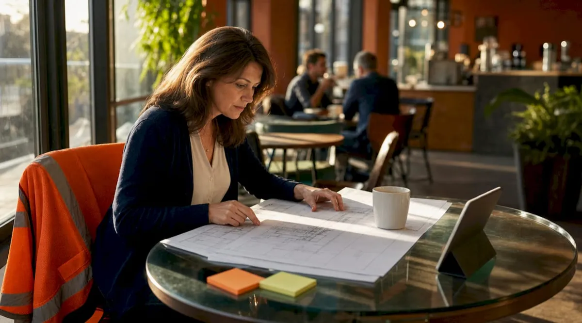 Project manager reviewing blueprints in office