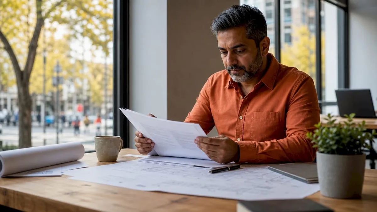 Small construction firm owner reviewing subcontractor contracts