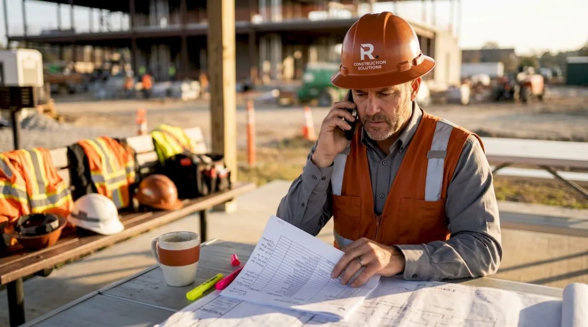 Construction manager coordinating emergency sourcing in site office
