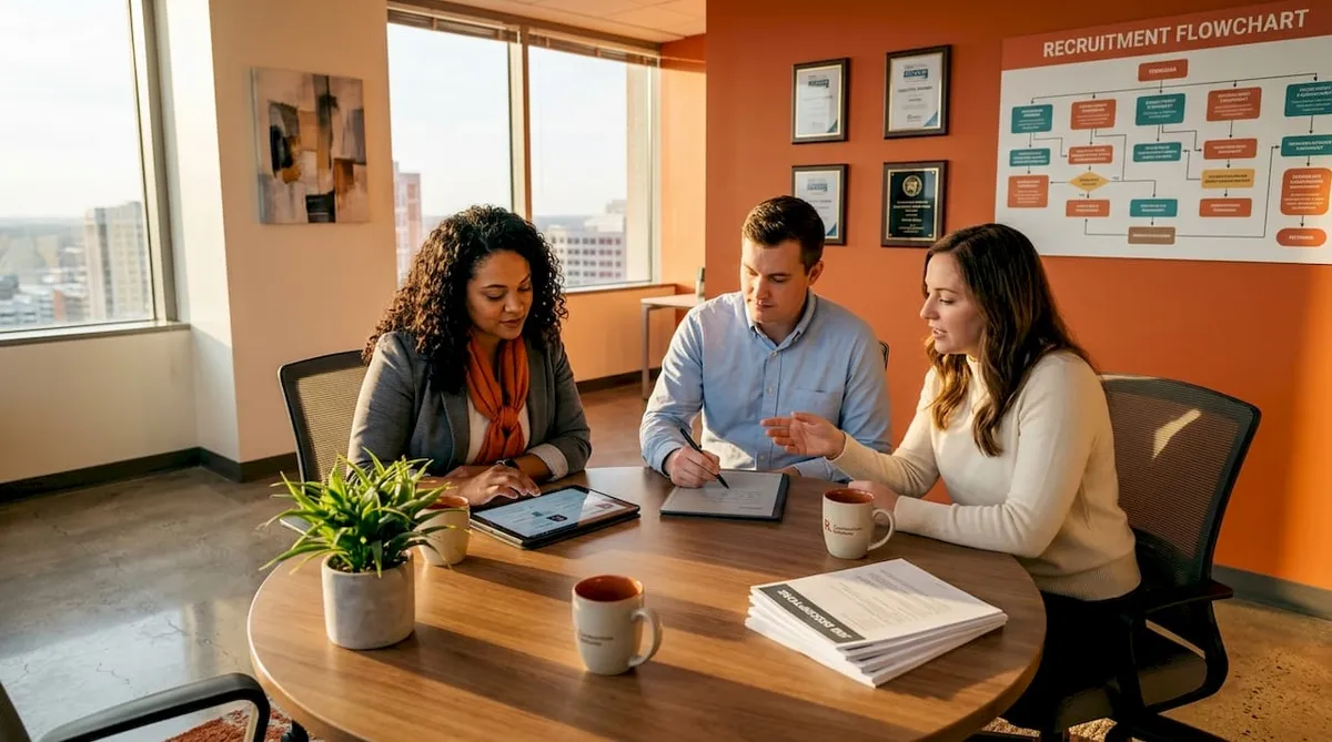 Staffing agency team meeting in office