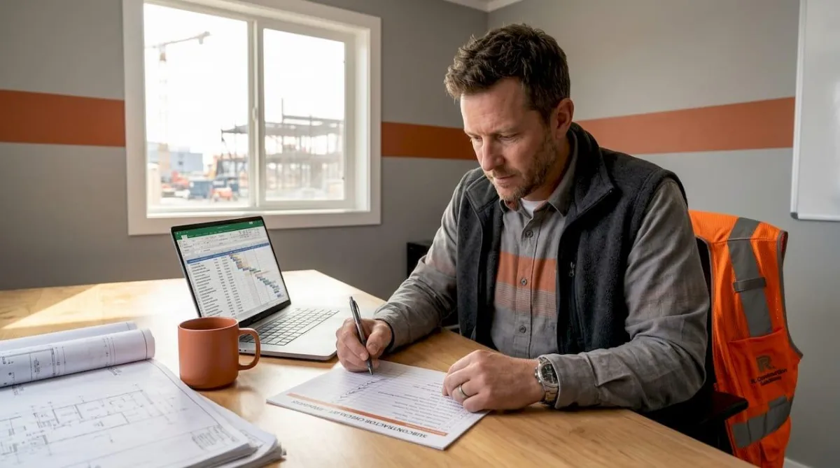 Project manager reviewing subcontractor checklist paperwork