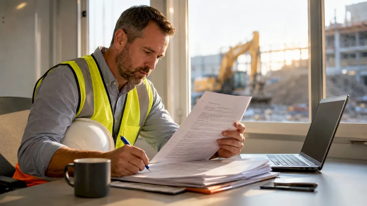 Project manager reviewing subcontractor performance bond