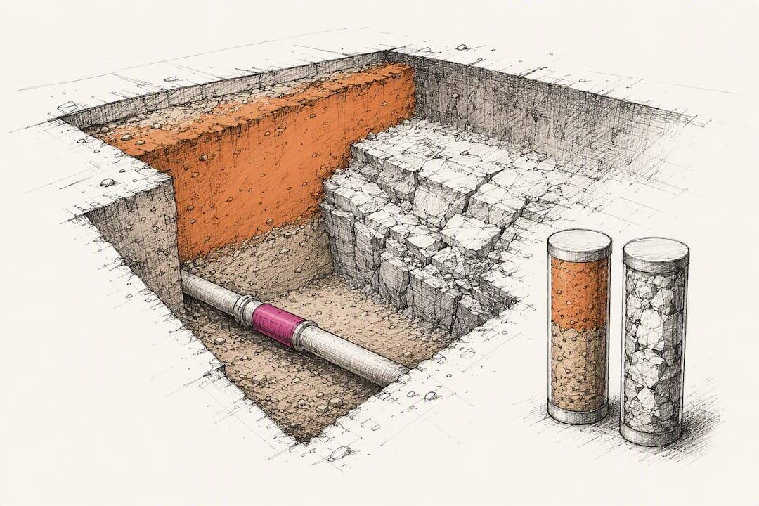 Excavation exposing unexpected utility and rock strata