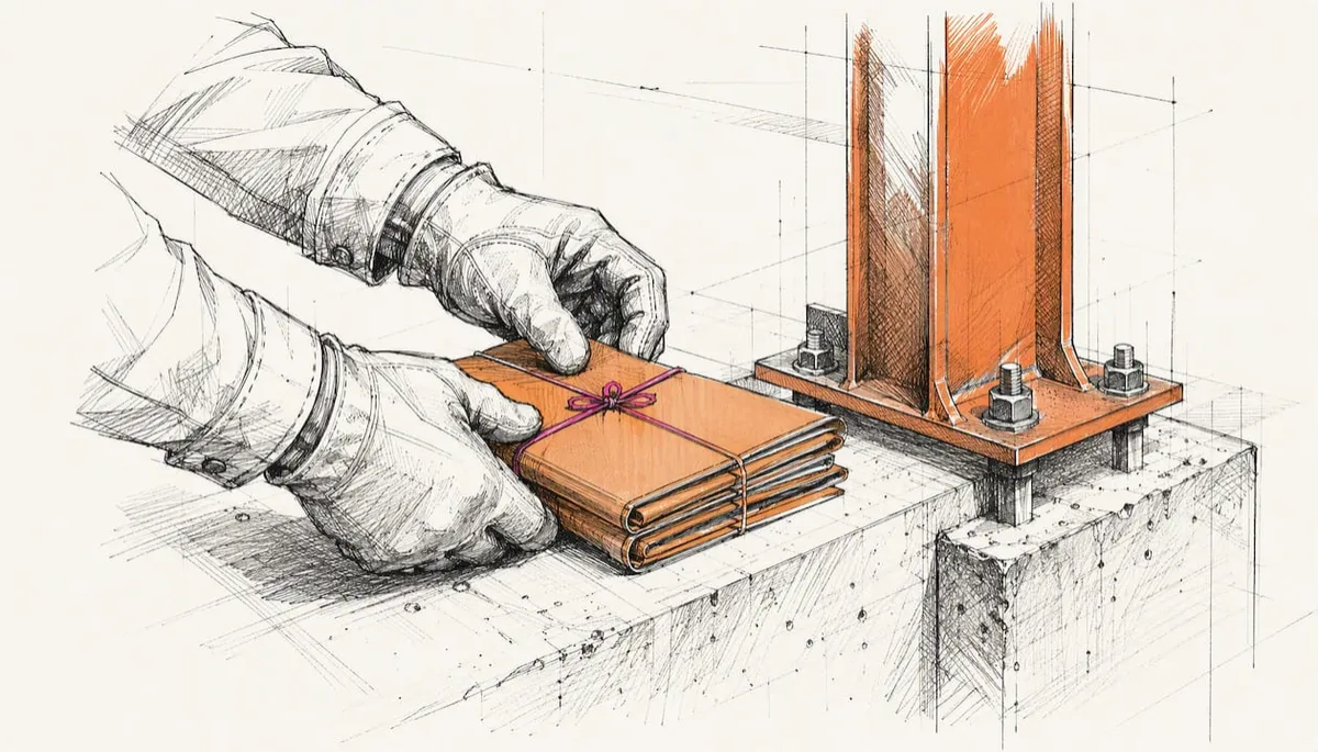Bond paperwork beside construction materials