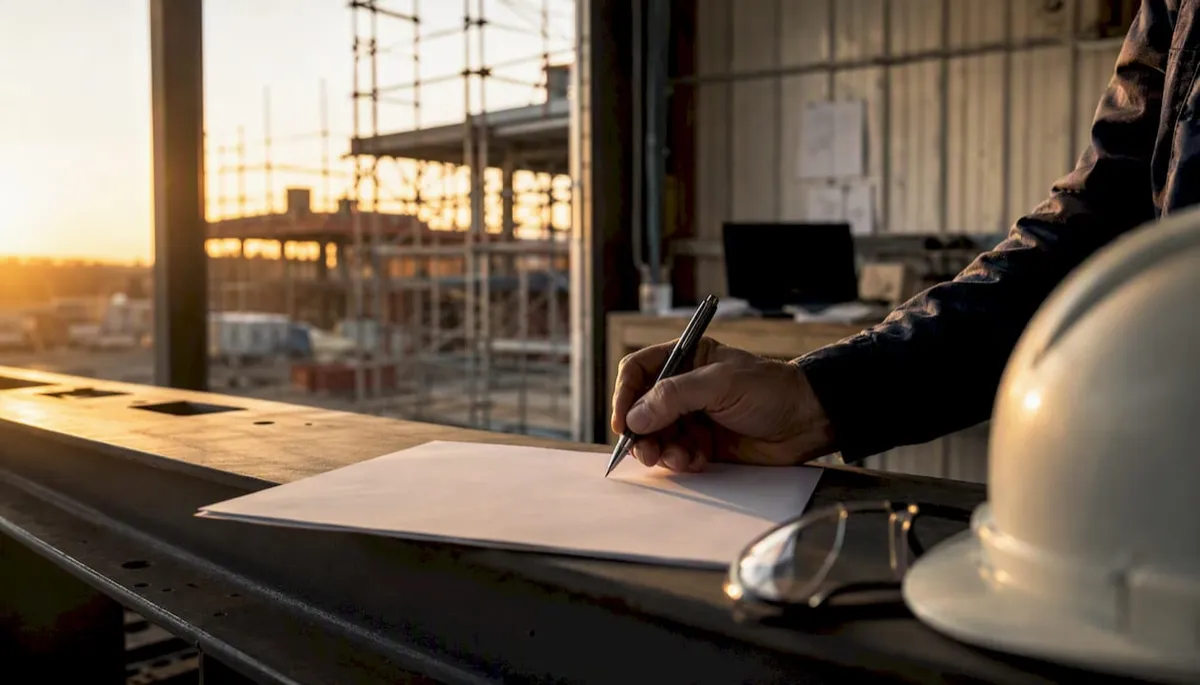 Hand pointing at blank subcontract agreement on clipboard