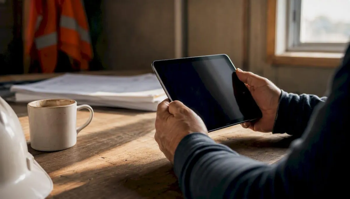 Contractor hands on tablet with site gear