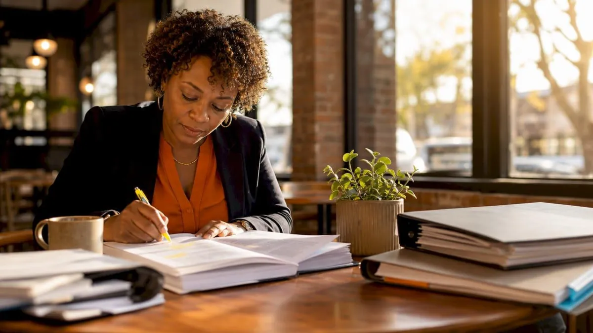 Woman reviewing construction RFP documents at table
