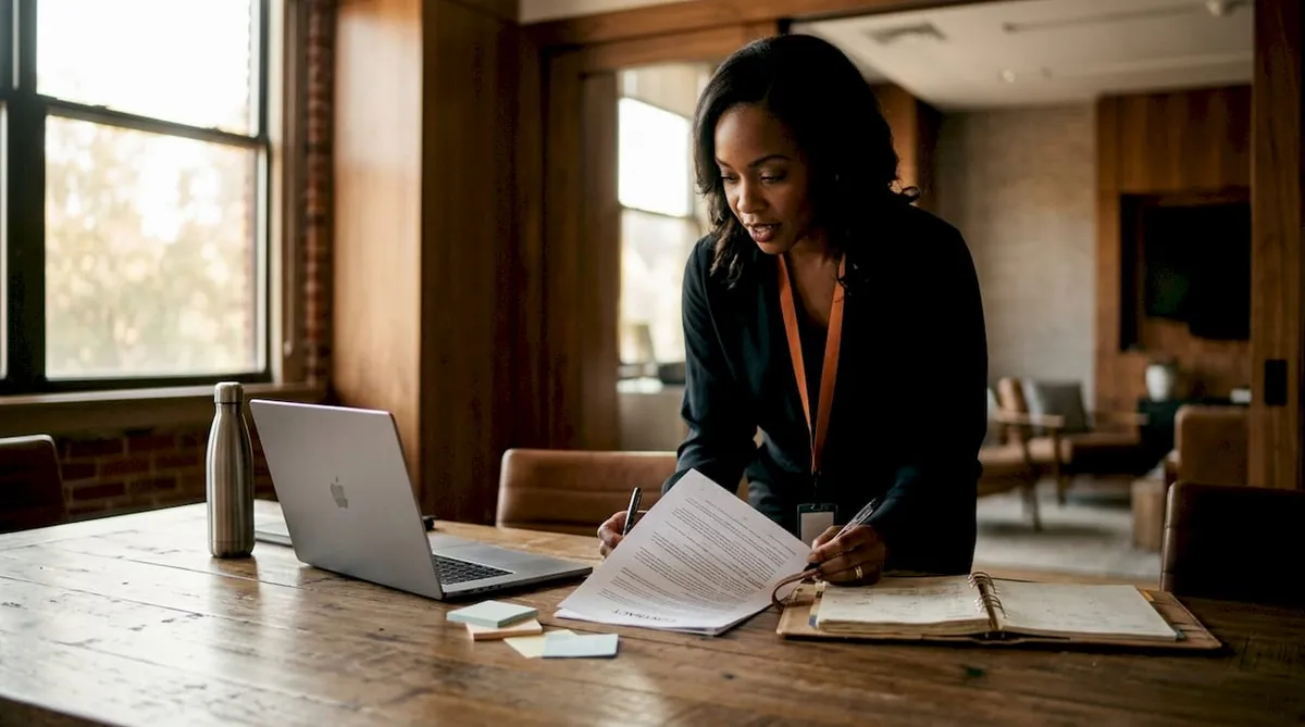 Woman reviewing private sector contract paperwork in office