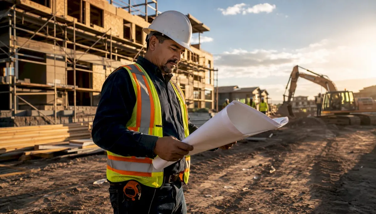 General contractor reviewing blueprints on construction site