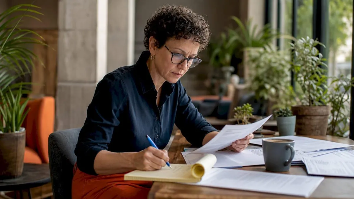 Technical writer reviewing federal bid documents at office desk
