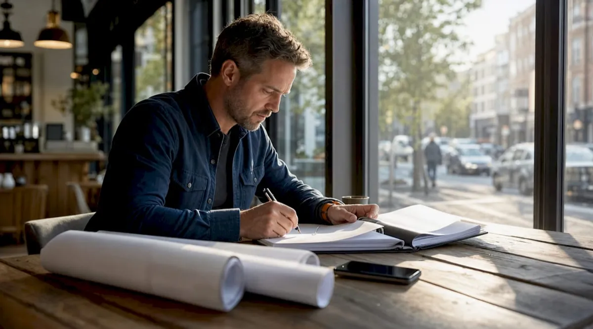 Manager reviewing federal construction entry documents