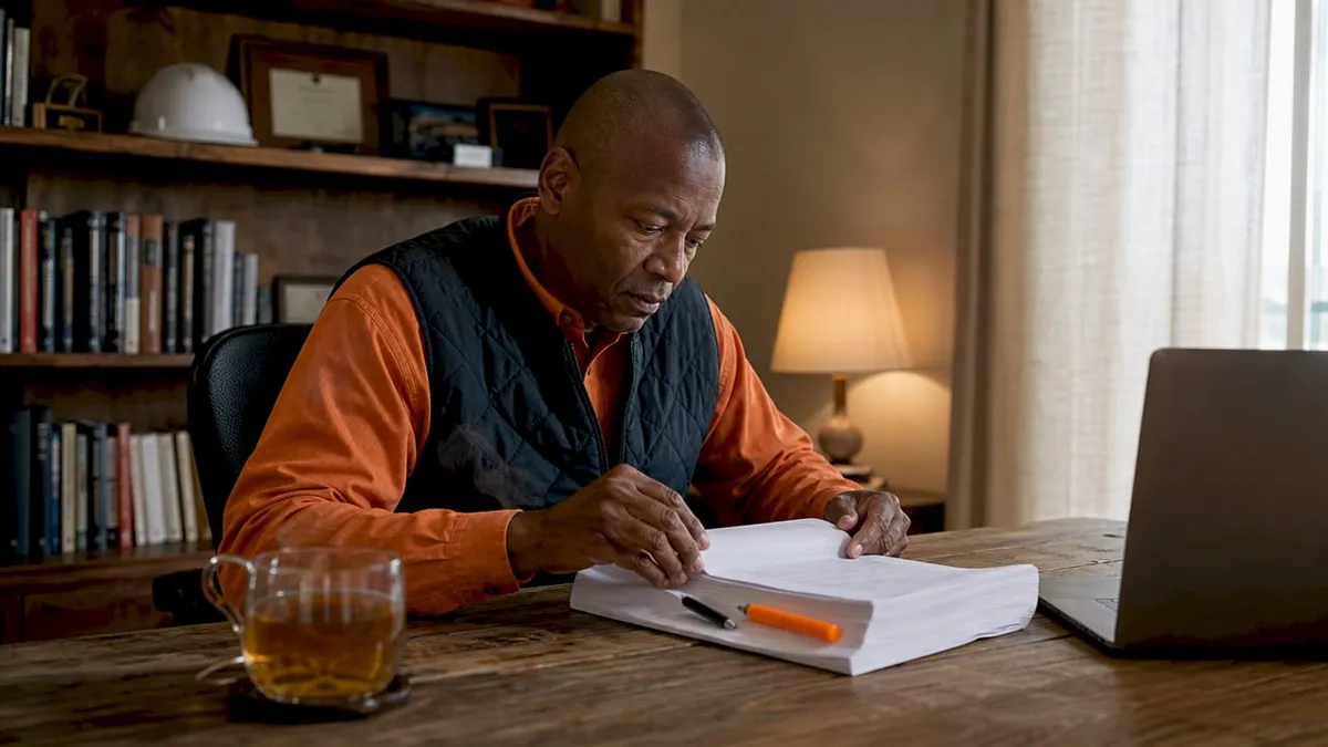 Contractor reviewing federal contract paperwork