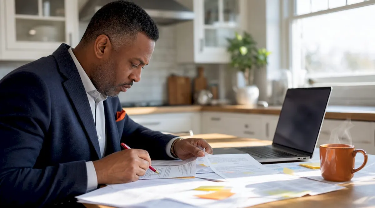 Man analyzing federal pricing documents at desk