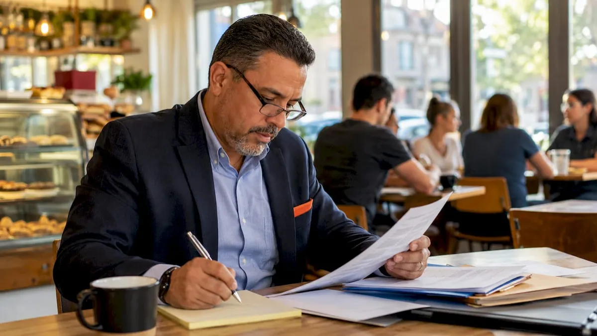 Man reviewing construction contract in municipal office