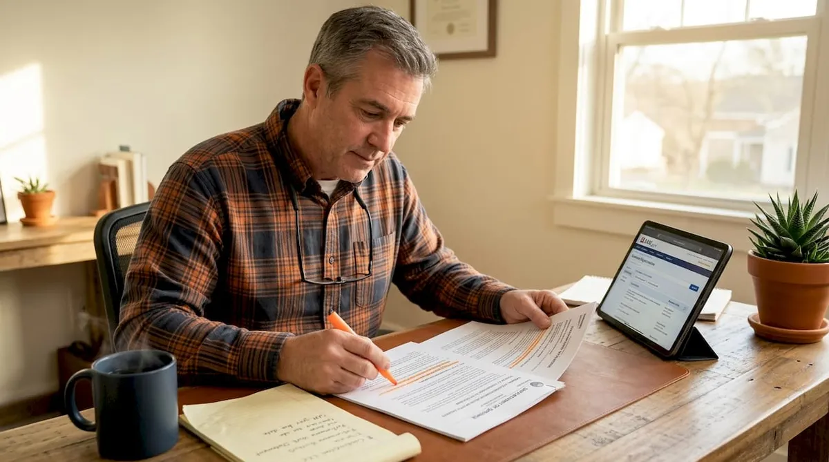 Construction contractor reviewing federal procurement papers