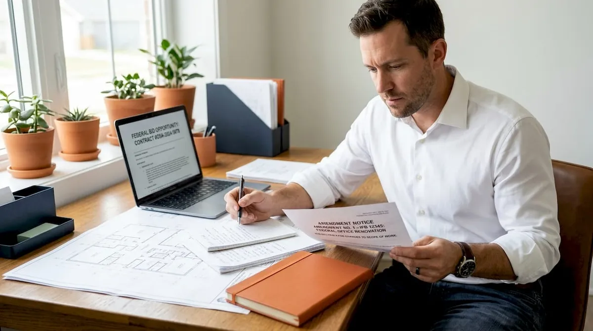 Contractor reviewing federal bid documents at desk