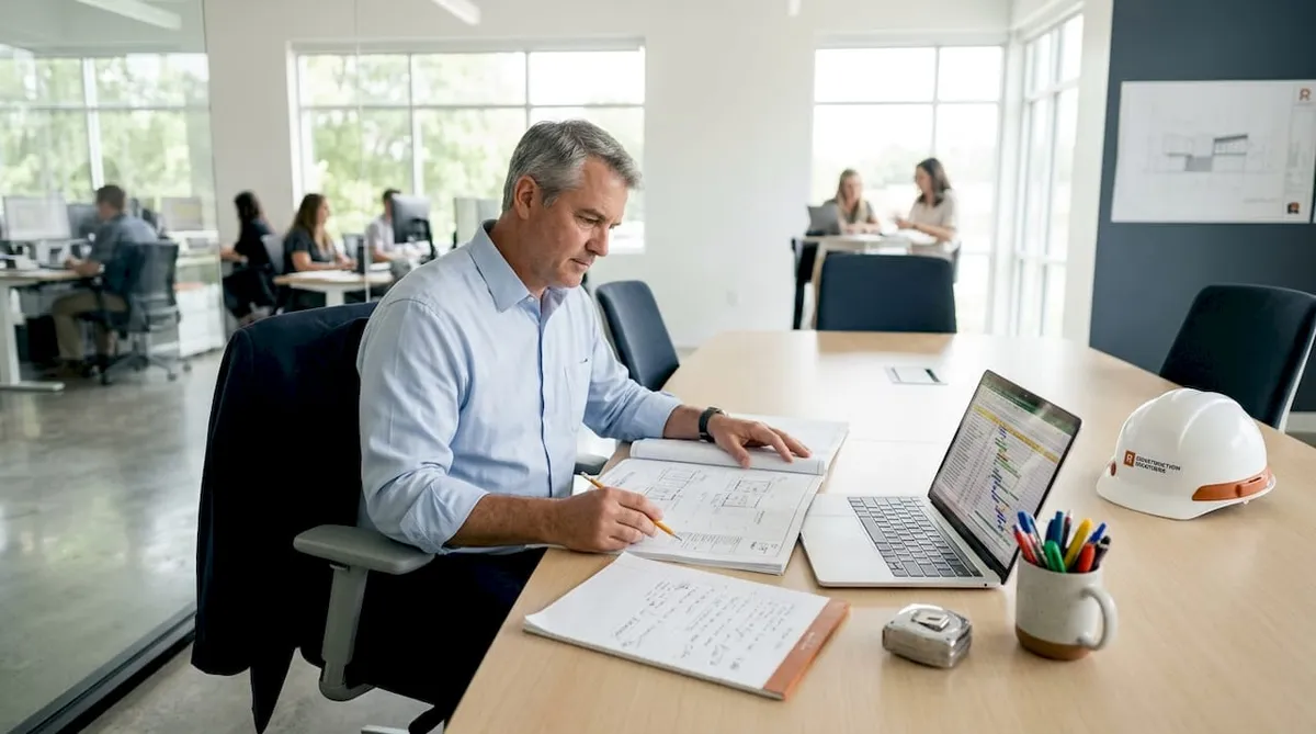 Project manager reviewing plans in office