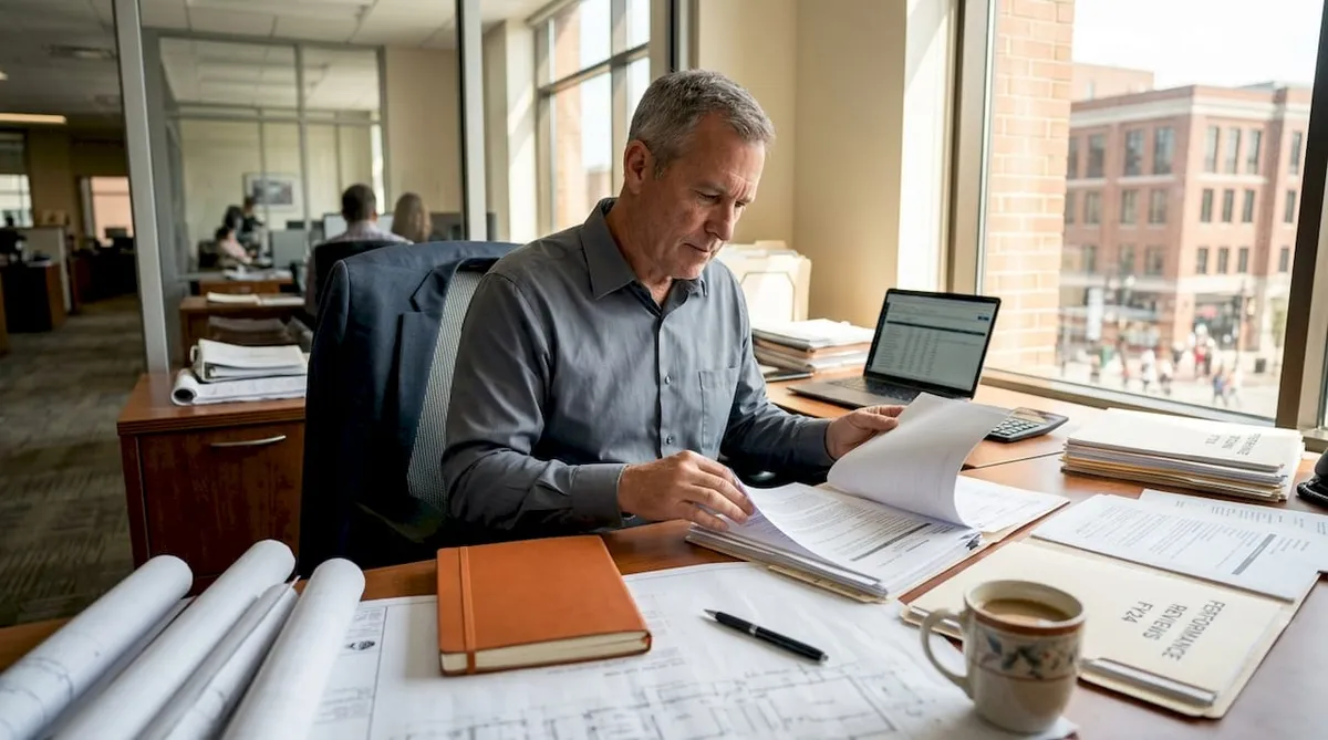 Contractor reviews performance reports in office