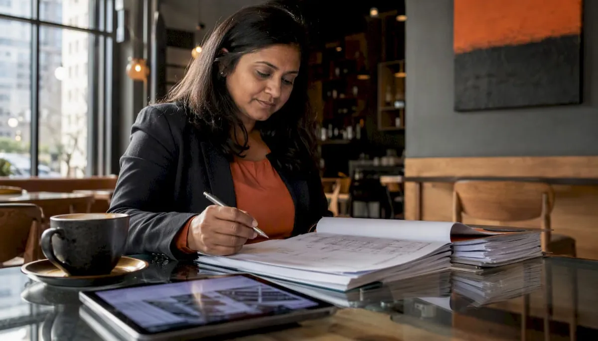 Woman contractor reviewing revenue strategy documents