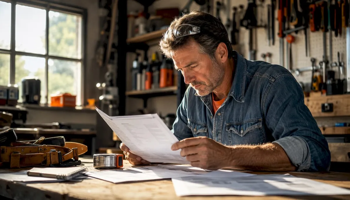 Contractor reviewing printed estimate sheets