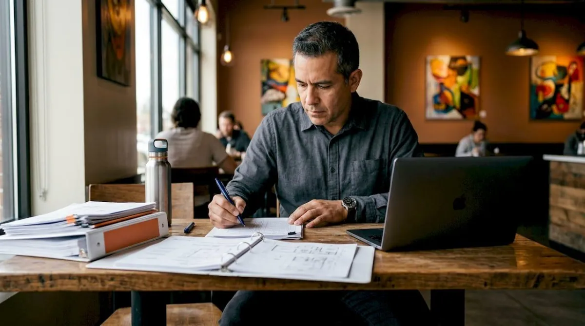 Man organizing commercial bid documents in office