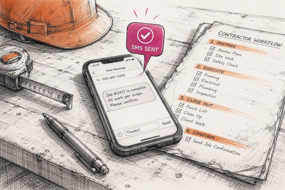 Sketch of contractor sending job SMS on site desk