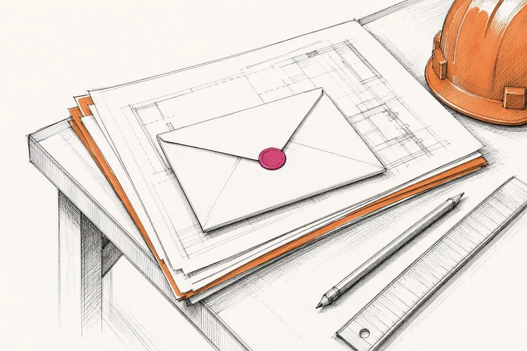 Construction email workflow materials on drafting bench
