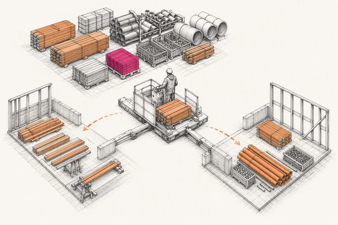 Construction materials allocated across project staging areas