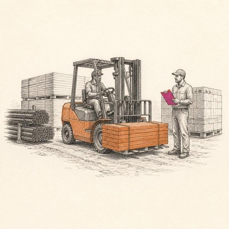 Pencil sketch of a building materials supply yard with lumber and a forklift