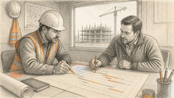 Pencil sketch of a superintendent and project manager marking up a construction schedule in a jobsite trailer with a framed building and crane outside the window