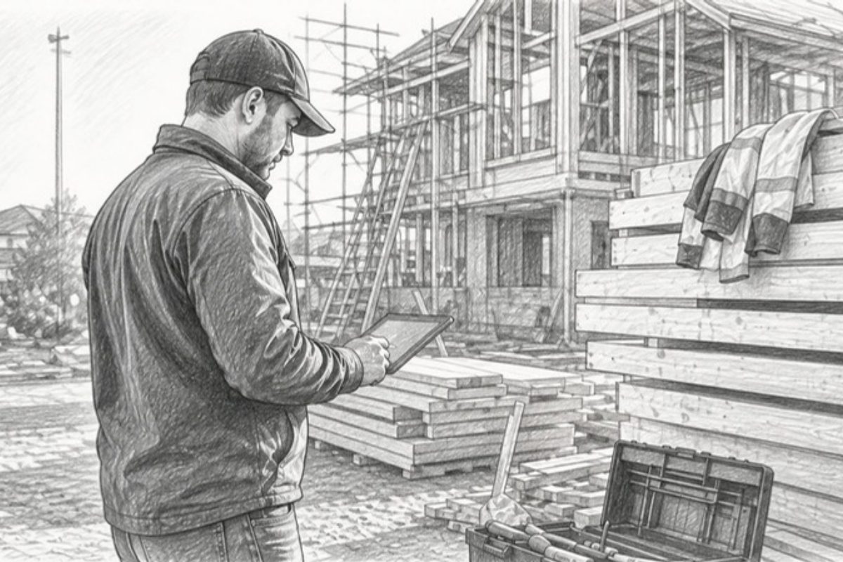 Sketch of field manager reviewing dispatch schedule at construction site