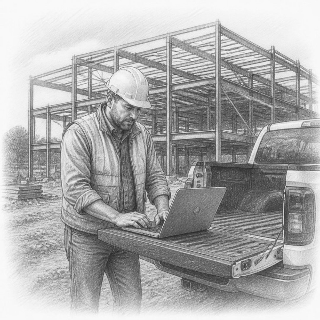 Sketch of a superintendent updating the office from a laptop on a truck tailgate