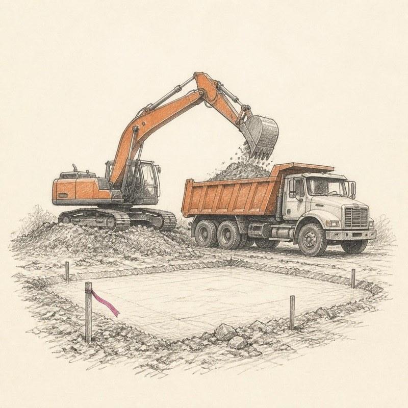 Pencil sketch of an excavator loading a dump truck on a job site