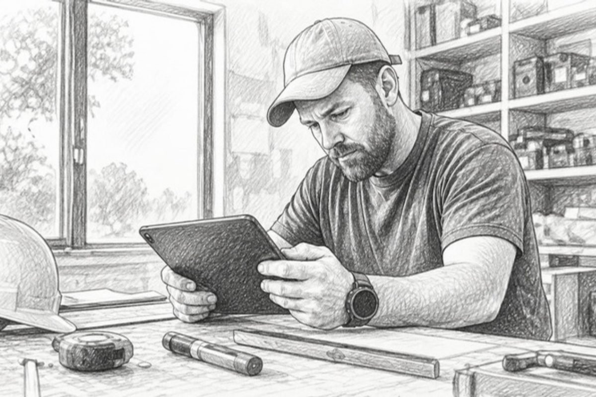 Sketch of contractor’s off-screen tablet with construction tools