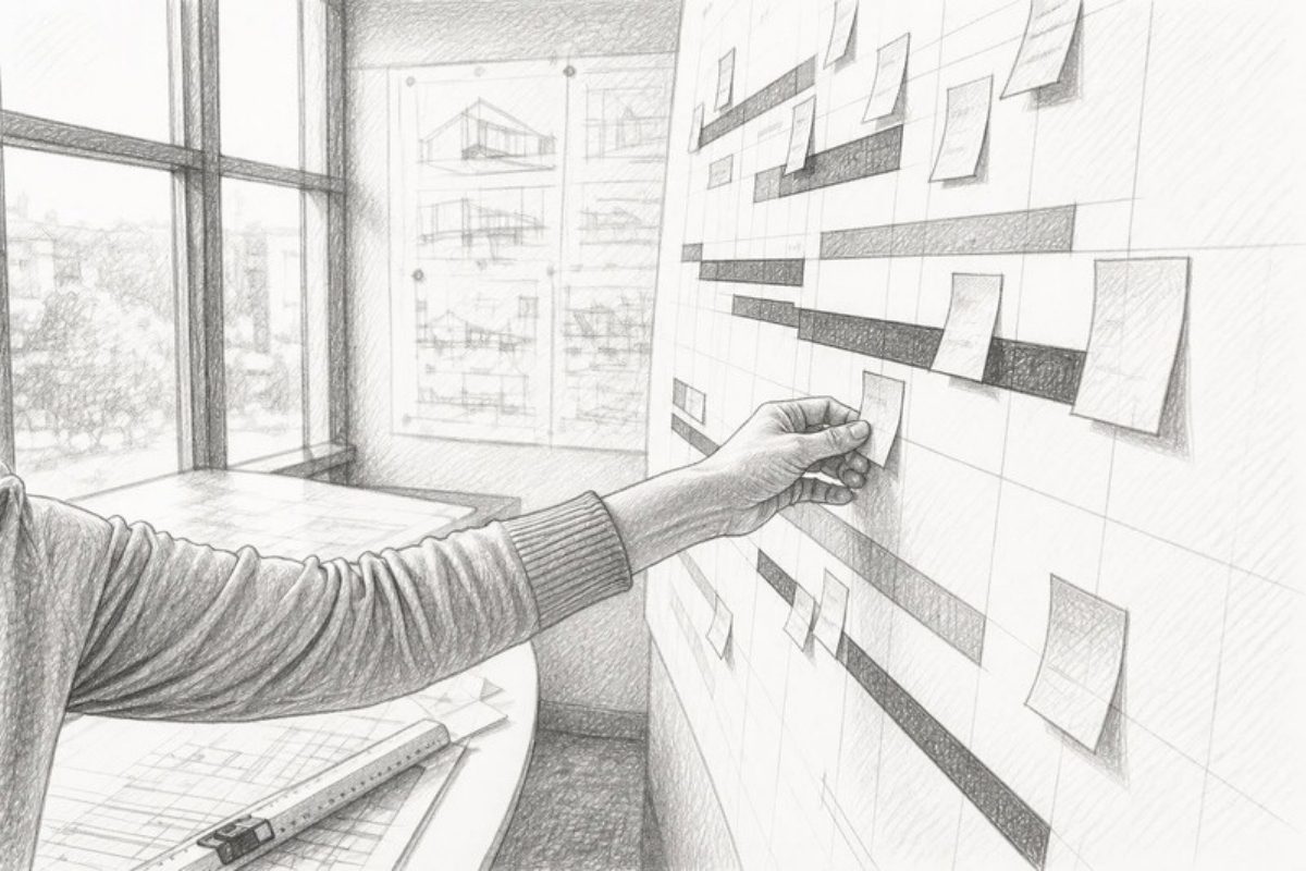 Sketch of hand adjusting risk label on project schedule chart