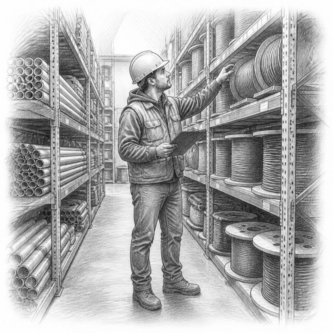 Sketch of a worker checking stock in an electrical supply warehouse