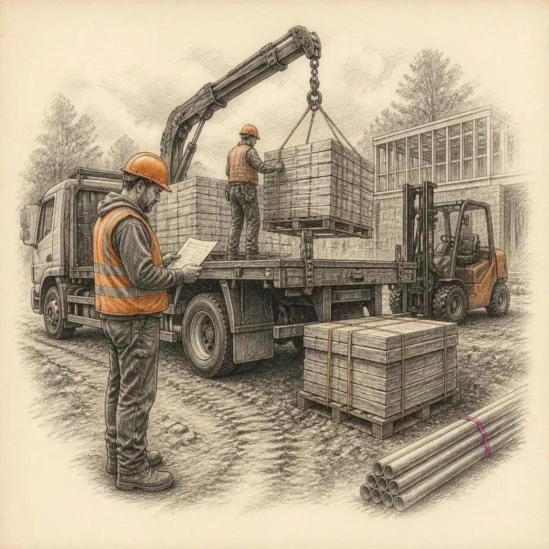 Pencil sketch of a delivery truck unloading building materials at a job site