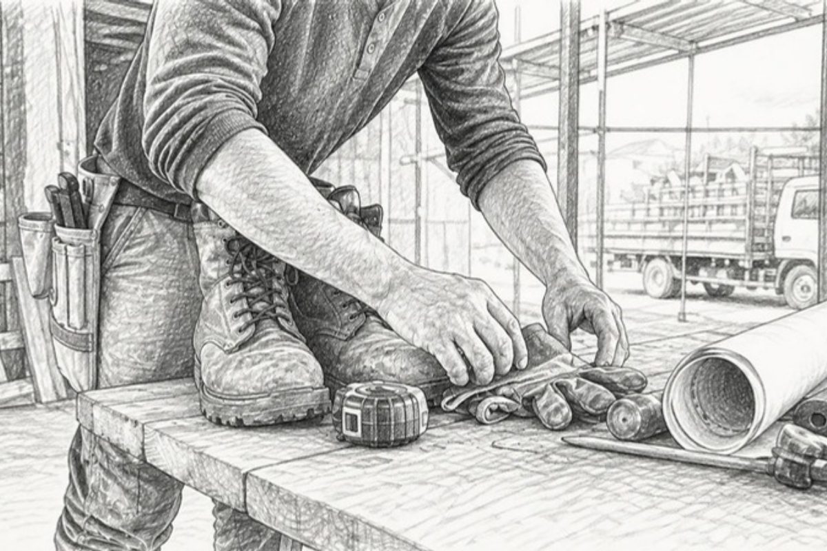 Sketch of contractor arranging subcontractor tools on jobsite bench