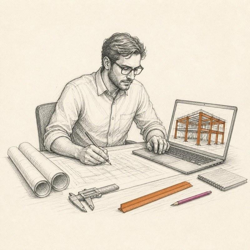 Pencil sketch of an engineer at a drafting desk reviewing a structural steel model