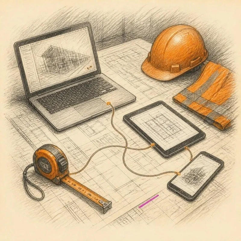Pencil sketch of a laptop, tablet and phone connected on a plan table