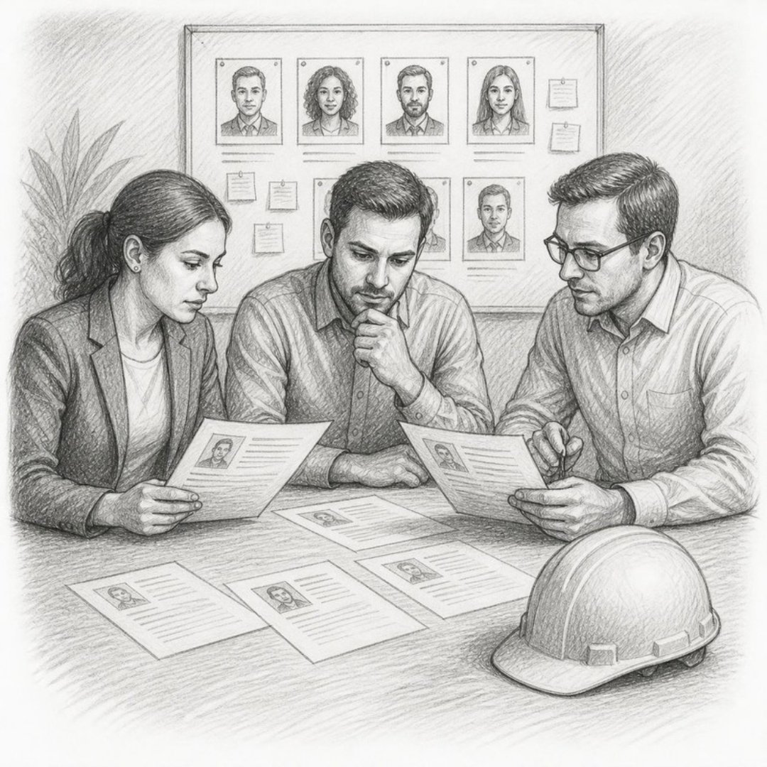 Sketch of office staff reviewing resumes for a construction recruiting search