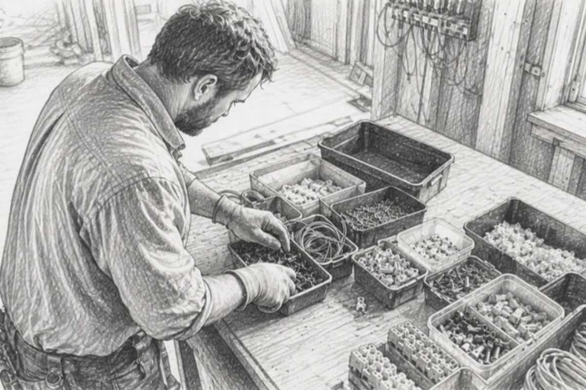 Sketch of electrician contractor sorting wiring parts