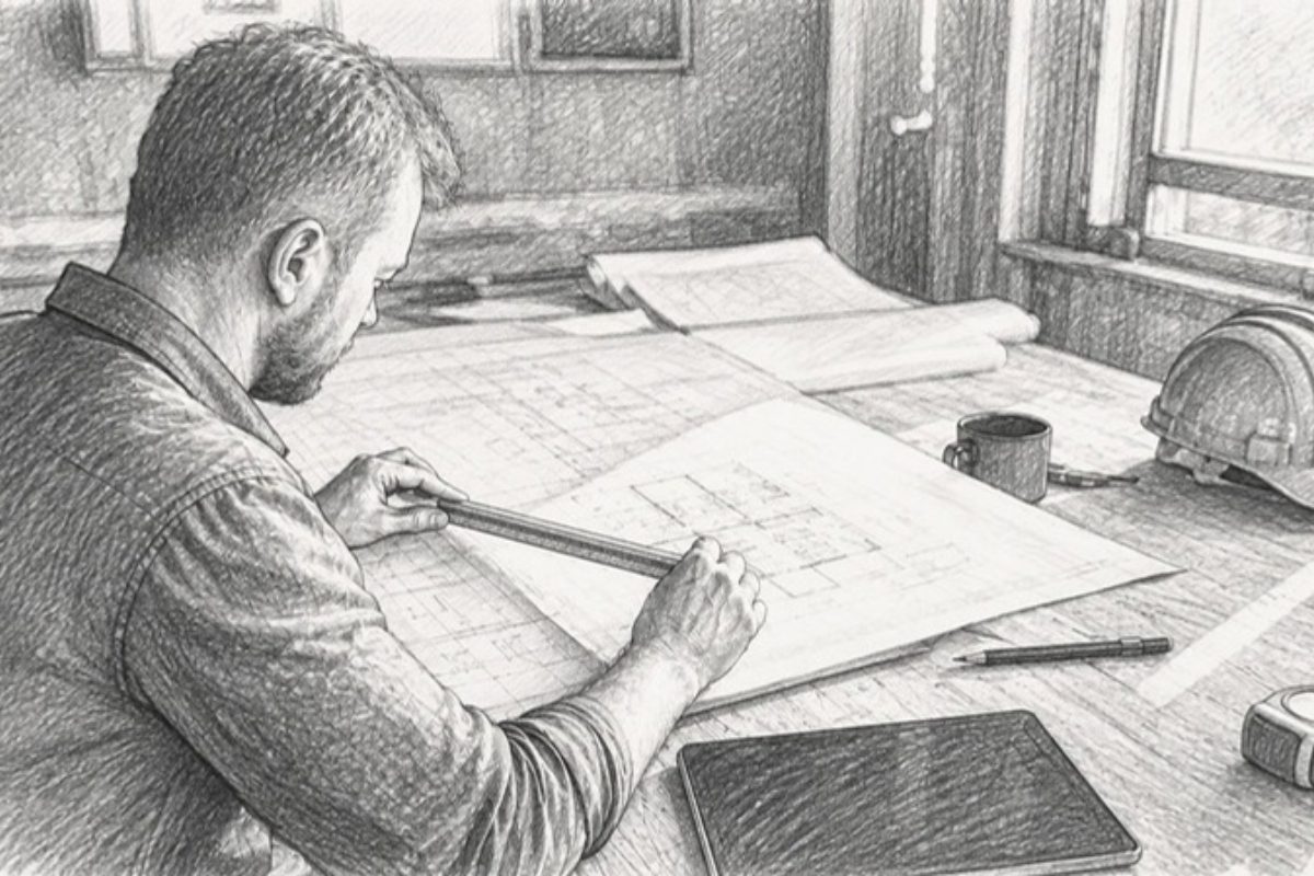 Sketch of estimator verifying scale on construction plans