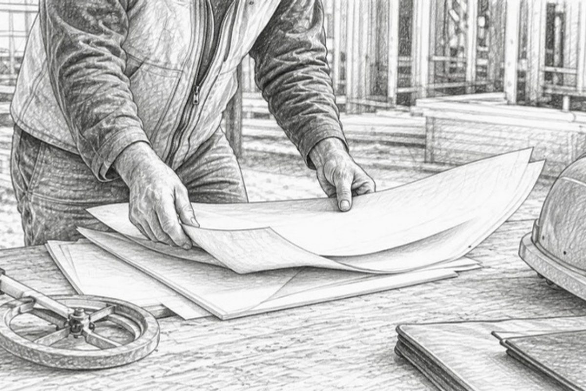 Sketch of hands of project coordinator adjusting blueprint onsite