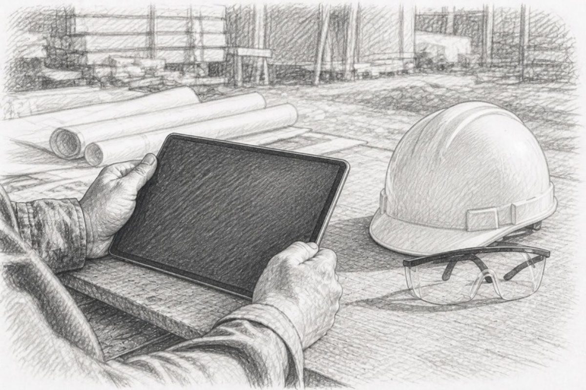 Sketch of hands holding tablet near safety gear on site trailer bench